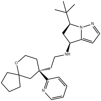 4H-Pyrrolo[1,2-b]pyrazol-4-amine, 6-(1,1-dimethylethyl)-5,6-dihydro-N-[2-[(9R)-9-(2-pyridinyl)-6-oxaspiro[4.5]dec-9-yl]ethyl]-, (4S,6S)- Structure