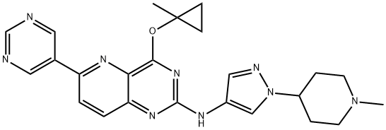 Pyrido[3,2-d]pyrimidin-2-amine, 4-[(1-methylcyclopropyl)oxy]-N-[1-(1-methyl-4-piperidinyl)-1H-pyrazol-4-yl]-6-(5-pyrimidinyl)- Structure