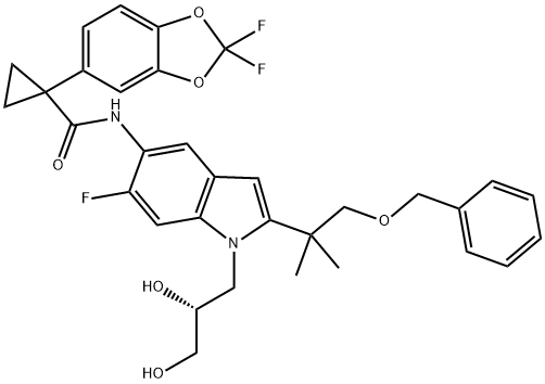 Cyclopropanecarboxamide, 1-(2,2-difluoro-1,3-benzodioxol-5-yl)-N-[1-[(2R)-2,3-dihydroxypropyl]-2-[1,1-dimethyl-2-(phenylmethoxy)ethyl]-6-fluoro-1H-indol-5-yl]- 구조식 이미지