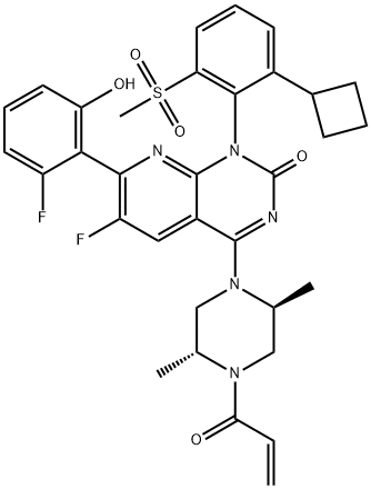 Pyrido[2,3-d]pyrimidin-2(1H)-one, 1-[2-cyclobutyl-6-(methylsulfonyl)phenyl]-4-[(2S,5R)-2,5-dimethyl-4-(1-oxo-2-propen-1-yl)-1-piperazinyl]-6-fluoro-7-(2-fluoro-6-hydroxyphenyl)- Structure