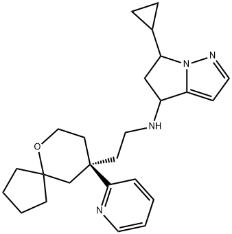 4H-Pyrrolo[1,2-b]pyrazol-4-amine, 6-cyclopropyl-5,6-dihydro-N-[2-[(9R)-9-(2-pyridinyl)-6-oxaspiro[4.5]dec-9-yl]ethyl]- Structure