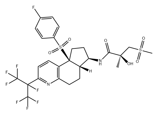 Propanamide, N-[(6aS,7R,9aS)-9a-[(4-fluorophenyl)sulfonyl]-6,6a,7,8,9,9a-hexahydro-3-[1,2,2,2-tetrafluoro-1-(trifluoromethyl)ethyl]-5H-cyclopenta[f]quinolin-7-yl]-2-hydroxy-2-methyl-3-(methylsulfonyl)-, (2S)- Structure