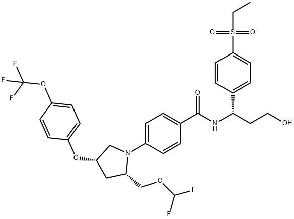 Benzamide, 4-[(2S,4S)-2-[(difluoromethoxy)methyl]-4-[4-(trifluoromethoxy)phenoxy]-1-pyrrolidinyl]-N-[(1S)-1-[4-(ethylsulfonyl)phenyl]-3-hydroxypropyl]- Structure