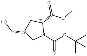 1,2-Pyrrolidinedicarboxylic acid, 4-(hydroxymethyl)-, 1-(1,1-dimethylethyl) 2-methyl ester, (2R,4R)-rel- 구조식 이미지