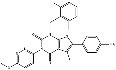 Thieno[2,3-d]pyrimidine-2,4(1H,3H)-dione, 6-(4-aminophenyl)-1-[(2,6-difluorophenyl)methyl]-3-(6-methoxy-3-pyridazinyl)-5-methyl- Structure