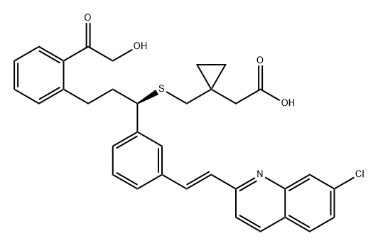 Cyclopropaneacetic acid, 1-[[[(1R)-1-[3-[(1E)-2-(7-chloro-2-quinolinyl)ethenyl]phenyl]-3-[2-(2-hydroxyacetyl)phenyl]propyl]thio]methyl]- 구조식 이미지