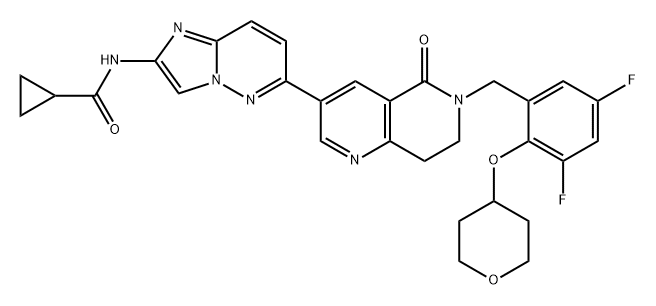 Cyclopropanecarboxamide, N-[6-[6-[[3,5-difluoro-2-[(tetrahydro-2H-pyran-4-yl)oxy]phenyl]methyl]-5,6,7,8-tetrahydro-5-oxo-1,6-naphthyridin-3-yl]imidazo[1,2-b]pyridazin-2-yl]- Structure