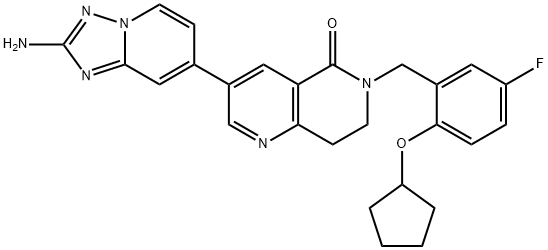 1,6-Naphthyridin-5(6H)-one, 3-(2-amino[1,2,4]triazolo[1,5-a]pyridin-7-yl)-6-[[2-(cyclopentyloxy)-5-fluorophenyl]methyl]-7,8-dihydro- Structure