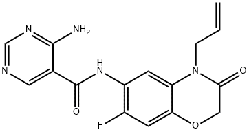 5-Pyrimidinecarboxamide, 4-amino-N-[7-fluoro-3,4-dihydro-3-oxo-4-(2-propen-1-yl)-2H-1,4-benzoxazin-6-yl]- Structure