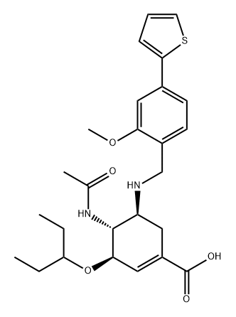 1-Cyclohexene-1-carboxylic acid, 4-(acetylamino)-3-(1-ethylpropoxy)-5-[[[2-methoxy-4-(2-thienyl)phenyl]methyl]amino]-, (3R,4R,5S)- Structure