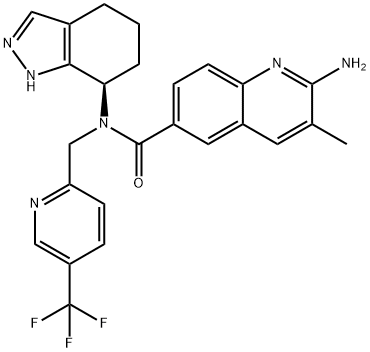 6-Quinolinecarboxamide, 2-amino-3-methyl-N-[(7R)-4,5,6,7-tetrahydro-1H-indazol-7-yl]-N-[[5-(trifluoromethyl)-2-pyridinyl]methyl]- Structure