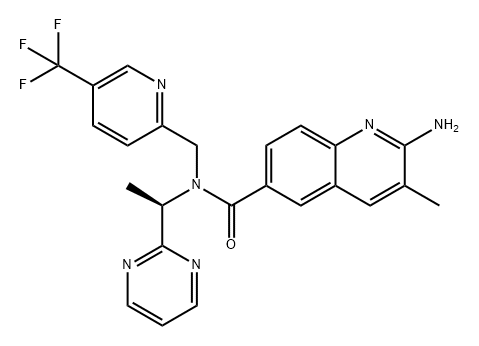 6-Quinolinecarboxamide, 2-amino-3-methyl-N-[(1R)-1-(2-pyrimidinyl)ethyl]-N-[[5-(trifluoromethyl)-2-pyridinyl]methyl]- Structure