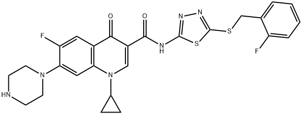 3-Quinolinecarboxamide, 1-cyclopropyl-6-fluoro-N-[5-[[(2-fluorophenyl)methyl]thio]-1,3,4-thiadiazol-2-yl]-1,4-dihydro-4-oxo-7-(1-piperazinyl)- Structure