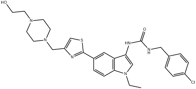 Urea, N-[(4-chlorophenyl)methyl]-N'-[1-ethyl-5-[4-[[4-(2-hydroxyethyl)-1-piperazinyl]methyl]-2-thiazolyl]-1H-indol-3-yl]- Structure