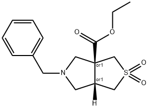 1H-Thieno[3,4-c]pyrrole-3a(6aH)-carboxylic acid, tetrahydro-5-(phenylmethyl)-, ethyl ester, 2,2-dioxide, (3aR,6aS)-rel- 구조식 이미지