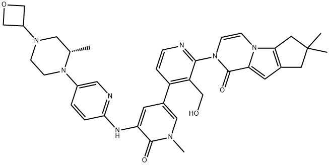 2H-Cyclopenta[4,5]pyrrolo[1,2-a]pyrazin-1(6H)-one, 2-[1,6-dihydro-3'-(hydroxymethyl)-1-methyl-5-[[5-[(2S)-2-methyl-4-(3-oxetanyl)-1-piperazinyl]-2-pyridinyl]amino]-6-oxo[3,4'-bipyridin]-2'-yl]-7,8-dihydro-7,7-dimethyl- Structure