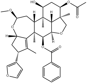 3H,5H-Cyclopent[a]isobenzofuro[7,1-gh][3]benzoxepin-7,9,12-triol, 2-(3-furanyl)-2,3a,6,6a,6b,7,8,9,9a,10,11a,11b,12,12a-tetradecahydro-5-methoxy-1,6b,9a,12a-tetramethyl-, 9-acetate 12-benzoate, (2R,3aS,5R,6aR,6bR,7S,9R,9aR,11aR,11bR,12S,12aR)- Structure