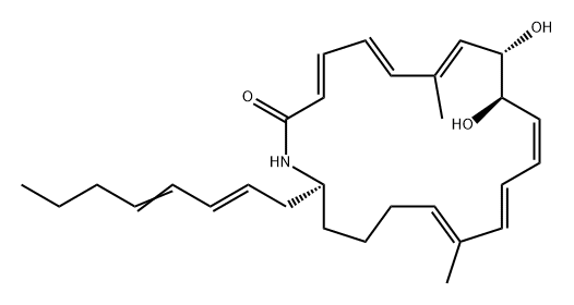 Azacycloeicosa-3,5,7,11,13,15-hexaen-2-one, 9,10-dihydroxy-7,15-dimethyl-20-(2E,4E)-2,4-octadien-1-yl-, (3E,5E,7E,9S,10R,11Z,13E,15E,20S)- Structure