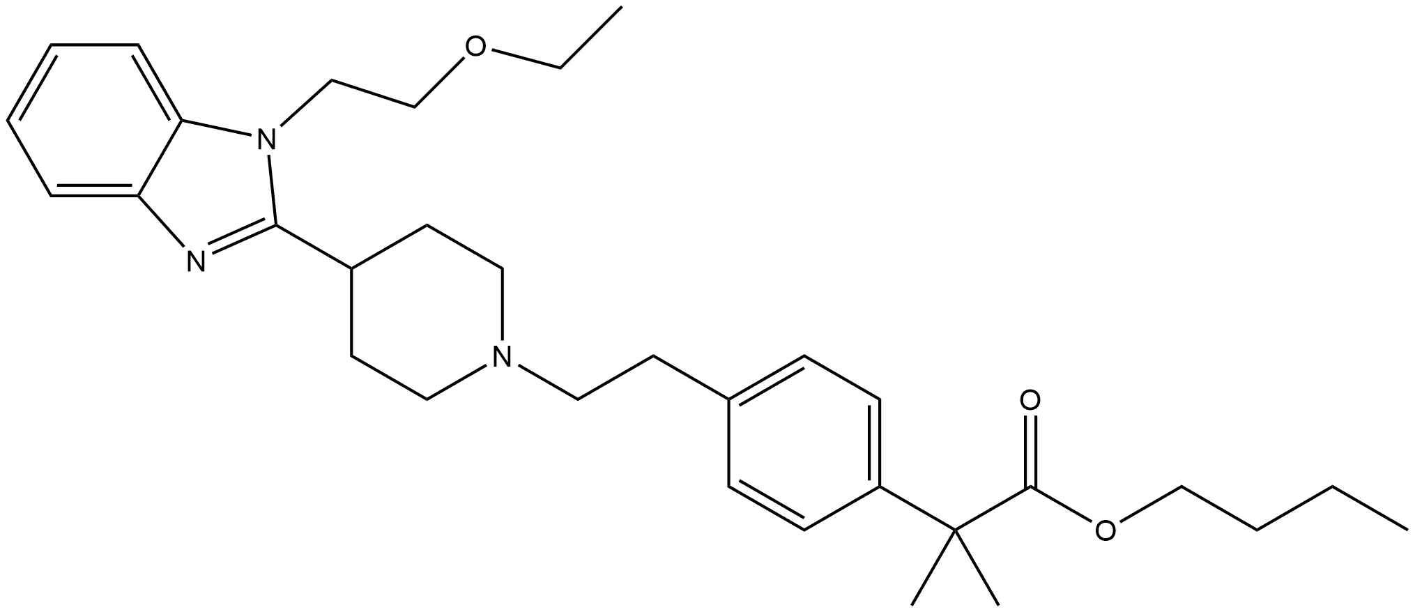 Butyl 4-[2-[4-[1-(2-ethoxyethyl)-1H-benzimidazol-2-yl]-1-piperidinyl]ethyl]-α,α-dimethylbenzeneacetate 구조식 이미지