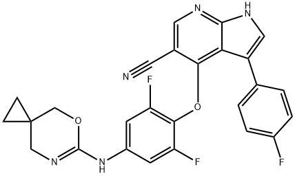 1H-Pyrrolo[2,3-b]pyridine-5-carbonitrile, 4-[2,6-difluoro-4-(5-oxa-7-azaspiro[2.5]oct-6-en-6-ylamino)phenoxy]-3-(4-fluorophenyl)- Structure