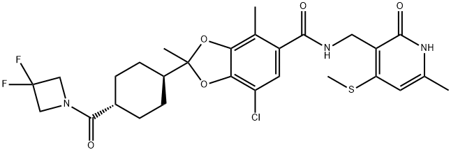 1,3-Benzodioxole-5-carboxamide, 7-chloro-2-[trans-4-[(3,3-difluoro-1-azetidinyl)carbonyl]cyclohexyl]-N-[[1,2-dihydro-6-methyl-4-(methylthio)-2-oxo-3-pyridinyl]methyl]-2,4-dimethyl- Structure