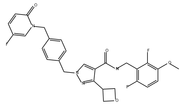 1H-Pyrazole-4-carboxamide, N-[(2,6-difluoro-3-methoxyphenyl)methyl]-1-[[4-[(5-fluoro-2-oxo-1(2H)-pyridinyl)methyl]phenyl]methyl]-3-(3-oxetanyl)- Structure