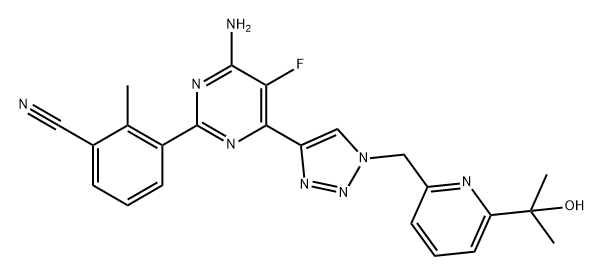 Benzonitrile, 3-[4-amino-5-fluoro-6-[1-[[6-(1-hydroxy-1-methylethyl)-2-pyridinyl]methyl]-1H-1,2,3-triazol-4-yl]-2-pyrimidinyl]-2-methyl- Structure