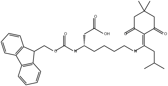 Heptanoic acid, 7-[[1-(4,4-dimethyl-2,6-dioxocyclohexylidene)-3-methylbutyl]amino]-3-[[(9H-fluoren-9-ylmethoxy)carbonyl]amino]-, (3S)- Structure