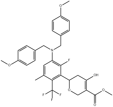 2H-Pyran-3-carboxylic acid, 6-[3-[bis[(4-methoxyphenyl)methyl]amino]-2-fluoro-5-methyl-6-(trifluoromethyl)phenyl]-5,6-dihydro-4-hydroxy-, methyl ester Structure