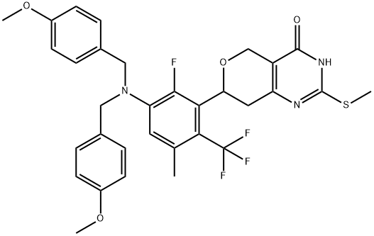 4H-Pyrano[4,3-d]pyrimidin-4-one, 7-[3-[bis[(4-methoxyphenyl)methyl]amino]-2-fluoro-5-methyl-6-(trifluoromethyl)phenyl]-3,5,7,8-tetrahydro-2-(methylthio)- Structure