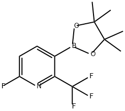 Pyridine, 6-fluoro-3-(4,4,5,5-tetramethyl-1,3,2-dioxaborolan-2-yl)-2-(trifluoromethyl)- Structure