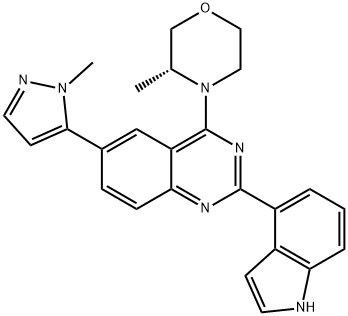 Quinazoline, 2-(1H-indol-4-yl)-4-[(3R)-3-methyl-4-morpholinyl]-6-(1-methyl-1H-pyrazol-5-yl)- Structure