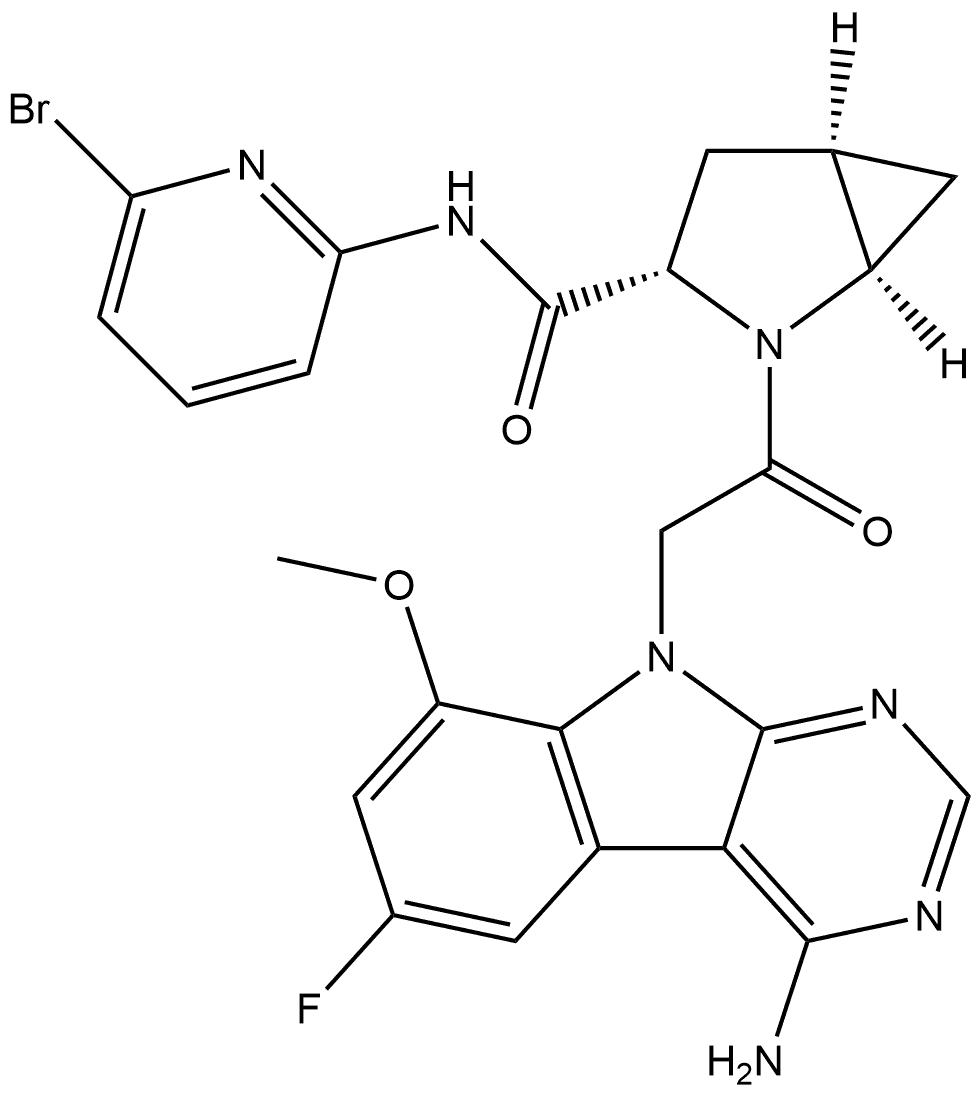 (1R,3S,5R)-2-(2-(4-amino-6-fluoro-8-methoxy-9H-pyrimido[4,5-b]indol-9-yl)acetyl)-N-(6-bromopyridin-2-yl)-2-azabicyclo[3.1.0]hexane-3-carboxamide Structure