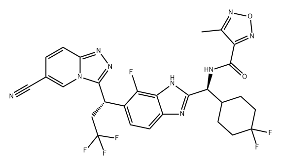 1,2,5-Oxadiazole-3-carboxamide, N-[(S)-[6-[(1S)-1-(6-cyano-1,2,4-triazolo[4,3-a]pyridin-3-yl)-3,3,3-trifluoropropyl]-7-fluoro-1H-benzimidazol-2-yl](4,4-difluorocyclohexyl)methyl]-4-methyl- 구조식 이미지