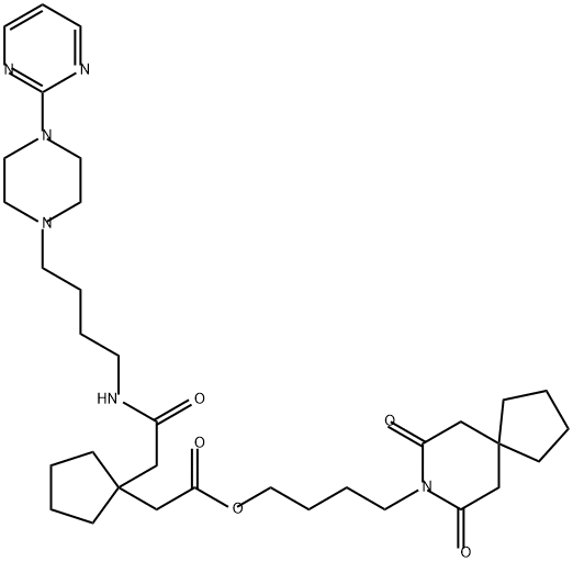 Cyclopentaneacetic acid, 1-[2-oxo-2-[[4-[4-(2-pyrimidinyl)-1-piperazinyl]butyl]amino]ethyl]-, 4-(7,9-dioxo-8-azaspiro[4.5]dec-8-yl)butyl ester 구조식 이미지