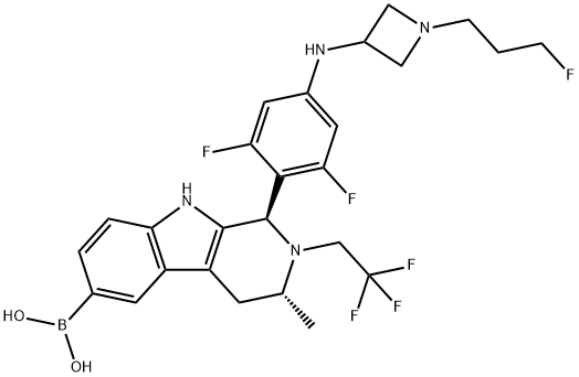 Boronic acid, B-[(1R,3R)-1-[2,6-difluoro-4-[[1-(3-fluoropropyl)-3-azetidinyl]amino]phenyl]-2,3,4,9-tetrahydro-3-methyl-2-(2,2,2-trifluoroethyl)-1H-pyrido[3,4-b]indol-6-yl]- Structure