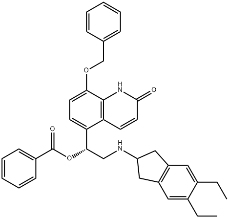 2(1H)-Quinolinone, 5-[(1R)-1-(benzoyloxy)-2-[(5,6-diethyl-2,3-dihydro-1H-inden-2-yl)amino]ethyl]-8-(phenylmethoxy)- Structure