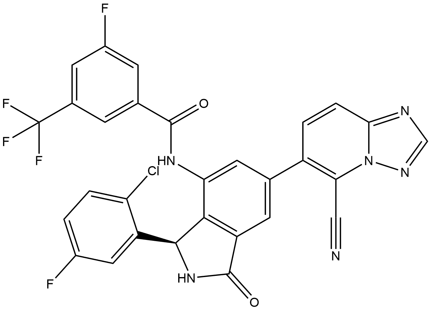 N-[(3R)-3-(2-chloro-5-fluorophenyl)-6-(5-cyano-[1,2,4]triazolo[1,5-a]pyridin-6-yl)-1-oxo-2,3-dihydroisoindol-4-yl]-3-fluoro-5-(trifluoromethyl)benzamide 구조식 이미지