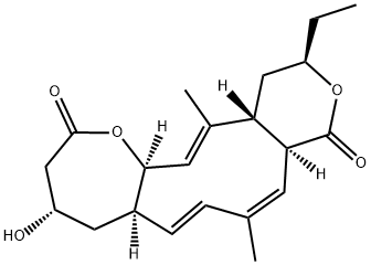 2H-Pyrano[3',4':7,8]cyclodec[1,2-b]oxepin-2,10(3H)-dione, 12-ethyl-4,5,5a,9a,12,13,13a,15a-octahydro-4-hydroxy-8,14-dimethyl-, (4S,5aR,6E,8Z,9aS,12R,13aR,14E,15aR)- Structure