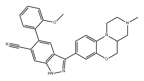 1H-Indazole-6-carbonitrile, 3-(1,2,3,4,4a,5-hexahydro-3-methylpyrazino[2,1-c][1,4]benzoxazin-8-yl)-5-(2-methoxyphenyl)- Structure