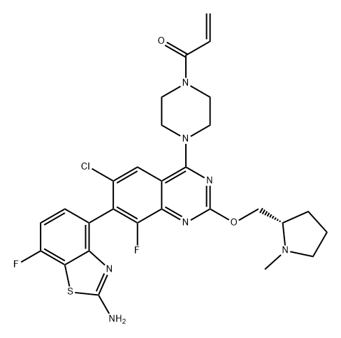 2-Propen-1-one, 1-[4-[7-(2-amino-7-fluoro-4-benzothiazolyl)-6-chloro-8-fluoro-2-[[(2S)-1-methyl-2-pyrrolidinyl]methoxy]-4-quinazolinyl]-1-piperazinyl]- Structure