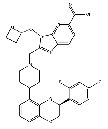 3H-Imidazo[4,5-b]pyridine-5-carboxylic acid, 2-[[4-[(3S)-3-(4-chloro-2-fluorophenyl)-2,3-dihydro-1,4-benzodioxin-5-yl]-1-piperidinyl]methyl]-3-[(2S)-2-oxetanylmethyl]- Structure