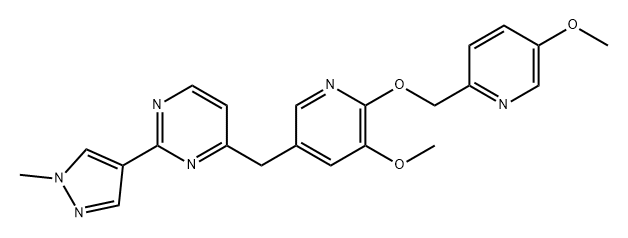 Pyrimidine, 4-[[5-methoxy-6-[(5-methoxy-2-pyridinyl)methoxy]-3-pyridinyl]methyl]-2-(1-methyl-1H-pyrazol-4-yl)- Structure