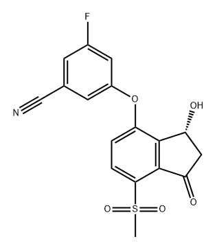 Benzonitrile, 3-[[(3R)-2,3-dihydro-3-hydroxy-7-(methylsulfonyl)-1-oxo-1H-inden-4-yl]oxy]-5-fluoro- Structure