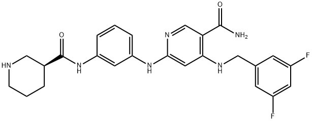 3-Pyridinecarboxamide, 4-[[(3,5-difluorophenyl)methyl]amino]-6-[[3-[[(3S)-3-piperidinylcarbonyl]amino]phenyl]amino]- Structure