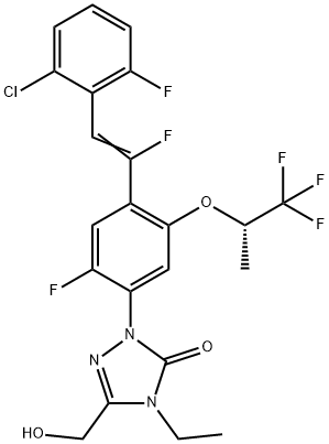 3H-1,2,4-Triazol-3-one, 2-[4-[2-(2-chloro-6-fluorophenyl)-1-fluoroethenyl]-2-fluoro-5-[(1S)-2,2,2-trifluoro-1-methylethoxy]phenyl]-4-ethyl-2,4-dihydro-5-(hydroxymethyl)- Structure