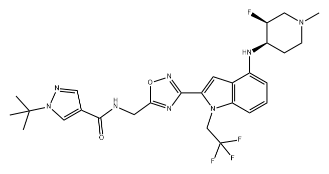 1H-Pyrazole-4-carboxamide, 1-(1,1-dimethylethyl)-N-[[3-[4-[[(3S,4R)-3-fluoro-1-methyl-4-piperidinyl]amino]-1-(2,2,2-trifluoroethyl)-1H-indol-2-yl]-1,2,4-oxadiazol-5-yl]methyl]- Structure