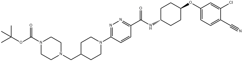 1-Piperazinecarboxylic acid, 4-[[1-[6-[[[trans-4-(3-chloro-4-cyanophenoxy)cyclohexyl]amino]carbonyl]-3-pyridazinyl]-4-piperidinyl]methyl]-, 1,1-dimethylethyl ester Structure