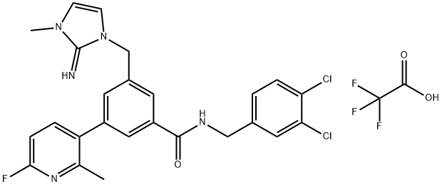 Benzamide, N-[(3,4-dichlorophenyl)methyl]-3-[(2,3-dihydro-2-imino-3-methyl-1H-imidazol-1-yl)methyl]-5-(6-fluoro-2-methyl-3-pyridinyl)-, 2,2,2-trifluoroacetate (1:1) Structure