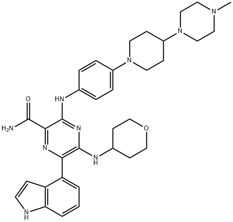 2-Pyrazinecarboxamide, 6-(1H-indol-4-yl)-3-[[4-[4-(4-methyl-1-piperazinyl)-1-piperidinyl]phenyl]amino]-5-[(tetrahydro-2H-pyran-4-yl)amino]- Structure